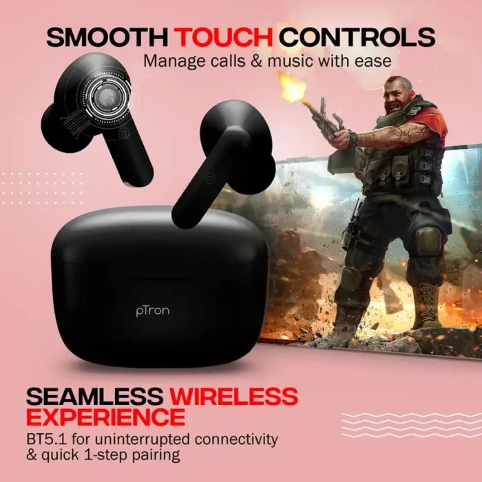 pTron Bassbuds Duo Bluetooth 5.1 Touch Control TWS Earbuds with HD Mic pTron Bassbuds Duo Bluetooth 5.1 Touch Control TWS Earbuds with HD Mic