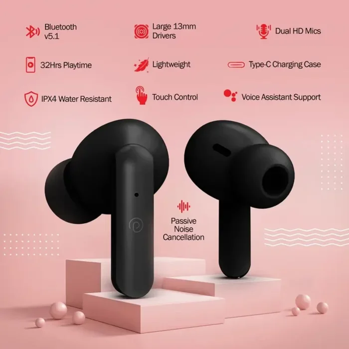 pTron Bassbuds Duo Bluetooth 5.1 Touch Control TWS Earbuds with HD Mic pTron Bassbuds Duo Bluetooth 5.1 Touch Control TWS Earbuds with HD Mic