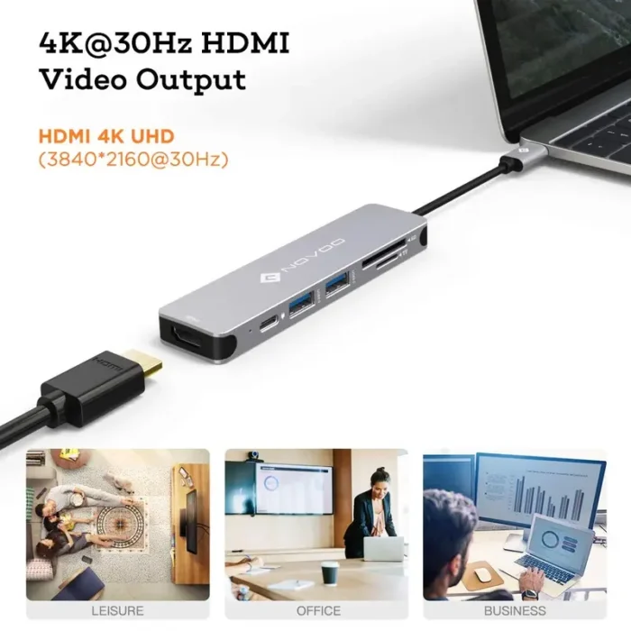 NOVOO 6 in 1 USB Type C Hub with 4K HDMI, 60W USB C PD Charging Port, 2 USB 3.0 Ports, SDTF Card Reader NOVOO 6 in 1 USB Type C Hub with 4K HDMI, 60W USB C PD Charging Port, 2 USB 3.0 Ports, SDTF Card Reader