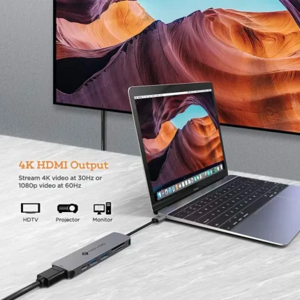 NOVOO 6 in 1 USB Type C Hub with 4K HDMI, 60W USB C PD Charging Port, 2 USB 3.0 Ports, SDTF Card Reader