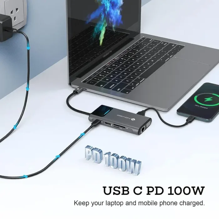 NOVOO 9 in 1 Pro USB C Multiport 4K HDMI VGA Ethernet 1000Mbps, 100W PD Charging, 3 USB3.0, SDTF Slots, Thunderbolt 3 Laptop Dock NOVOO 9 in 1 Pro USB C Multiport 4K HDMI VGA Ethernet 1000Mbps, 100W PD Charging, 3 USB3.0, SDTF Slots, Thunderbolt 3 Laptop Dock