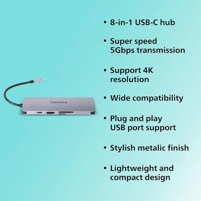 PHILIPS 8 in 1 USB Type-C to ethernet + HDMI 4K 30Hz + 3 x USB A + PD (max 60W) + Micro SD Card Slot USB HUB PHILIPS 8 in 1 USB Type-C to ethernet + HDMI 4K 30Hz + 3 x USB A + PD (max 60W) + Micro SD Card Slot USB HUB