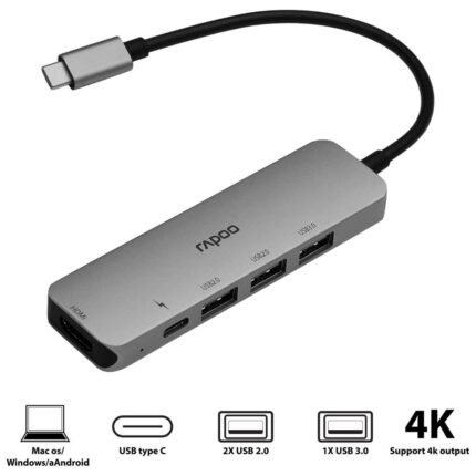 RAPOO XD100C-PD Charging, 5Gbps Data Transfer, 4K HDMI, 3USB A Ports, 5 in 1 Type C USB Hub