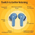 HP H150 Digital ANC, 28 Hours Playtime, Fingerprint Touch, IPX3 Water-Resistant Bluetooth Earbuds