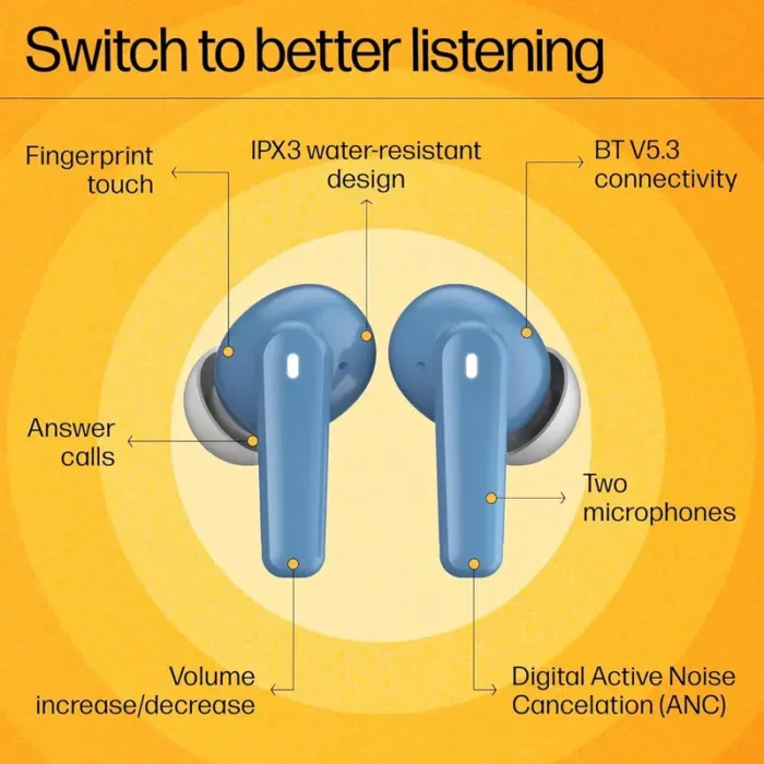 HP H150 Digital ANC, 28 Hours Playtime, Fingerprint Touch, IPX3 Water-Resistant Bluetooth Earbuds