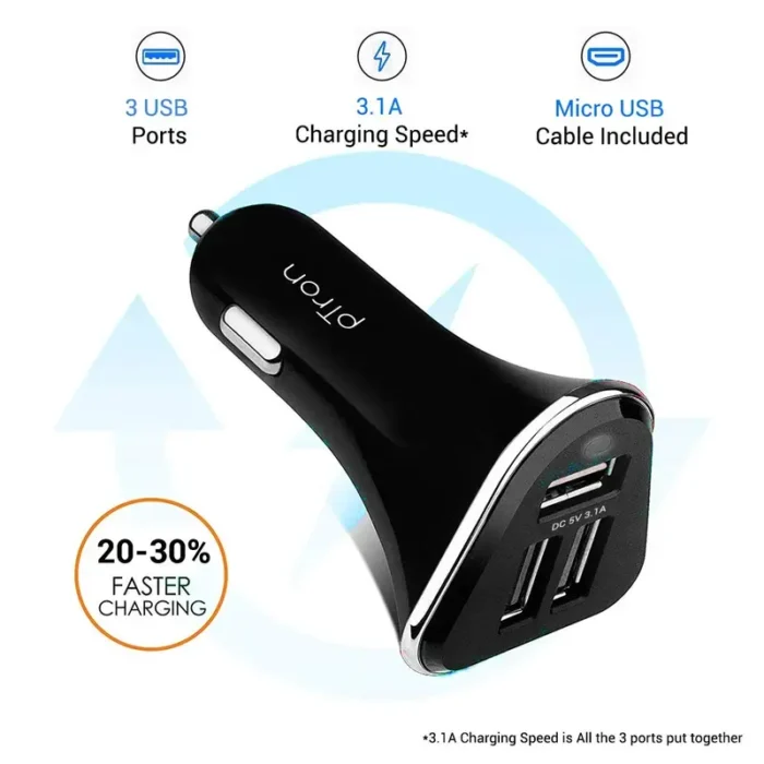 PTron Bullet 3.1A Fast Charging, 3 USB Port, Fire Resistant, Lightweight, & Compact Car Charger PTron Bullet 3.1A Fast Charging, 3 USB Port, Fire Resistant, Lightweight, & Compact Car Charger