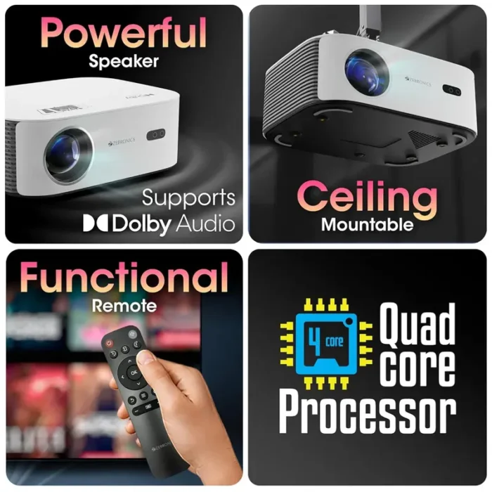 ZEBRONICS PIXAPLAY 17 Smart LED Projector With 6000 Lumens, 4K Support, Dolby Audio, 224 Inch Screen Size