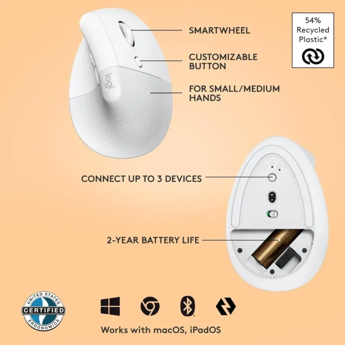 Logitech Lift Vertical Ergonomic 4 Buttons Wireless Bluetooth Mouse