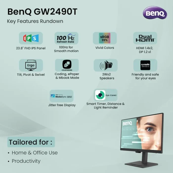 BenQ GW2490T 24 Inch, Full HD, IPS Panel, 99% sRGB, Height Adjustable, 5MS, 100Hz, Wall Mountable Monitor
