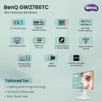 BenQ GW2786TC 27 Inch, Full HD, IPS Panel, USB-C (65W PD), 99% sRGB, Coding Mode, 2Wx2 Speakers, 5MS, 100Hz Coding Monitor