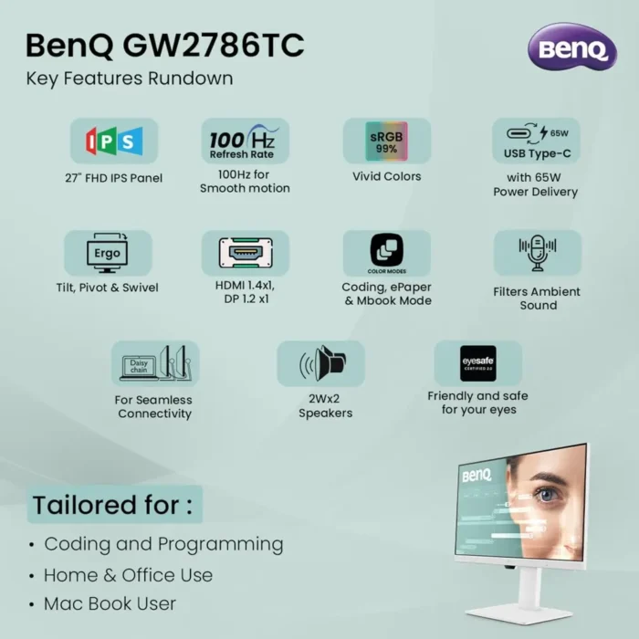 BenQ GW2786TC 27 Inch, Full HD, IPS Panel, USB-C (65W PD), 99% sRGB, Coding Mode, 2Wx2 Speakers, 5MS, 100Hz Coding Monitor BenQ GW2786TC 27 Inch, Full HD, IPS Panel, USB-C (65W PD), 99% sRGB, Coding Mode, 2Wx2 Speakers, 5MS, 100Hz Coding Monitor