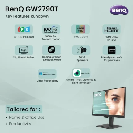 BenQ GW2790T 27 Inch, Full HD, IPS Panel, 99% sRGB, Height Adjustable, Eye-careU, 5 MS, 100 Hz Wall Mountable Monitor