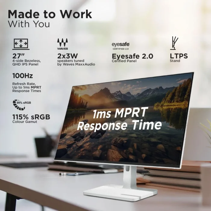 Lenovo L27Q-4A 27 inch QHD, IPS Panel with 99% sRGB, 90% DCI-P3, 100Hz, 1MS, 3Wx2 Speakers Monitor