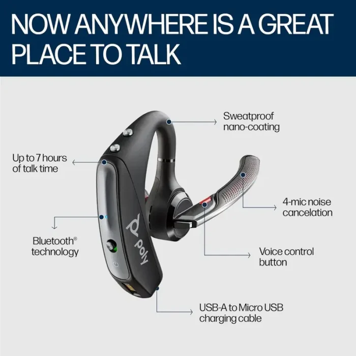 Poly Voyager 5200, Single-Ear W/Noise-Canceling Mic, Lightweight, Up to 7 Hours Talk Time, Bluetooth Headset Poly Voyager 5200, Single-Ear W/Noise-Canceling Mic, Lightweight, Up to 7 Hours Talk Time, Bluetooth Headset