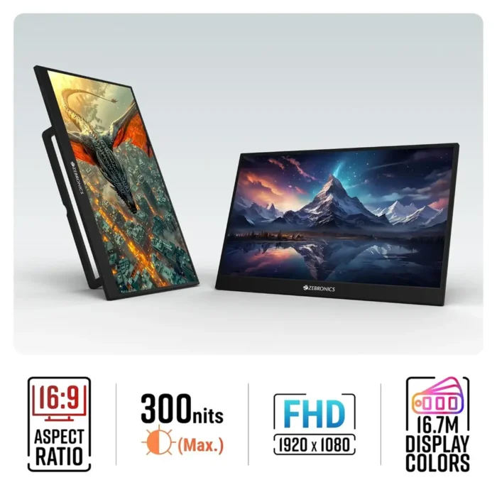ZEBRONICS Pixigo A16, 15.6 inch, Full HD IPS Panel, 180° Adjustable Stand, Lightweight, 60 Hz, Type C Portable Monitor