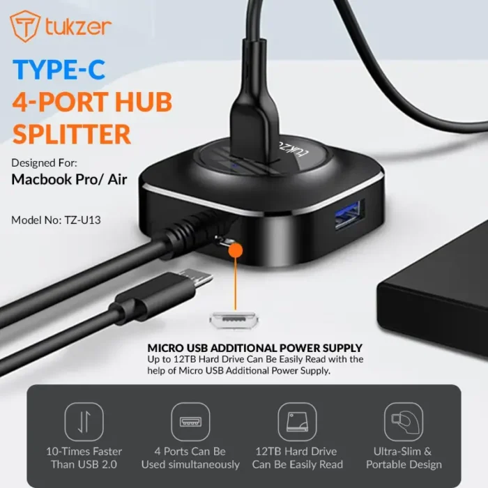 Tukzer TZ-U10 4 USB 3.0 Ports USB-C HUB Adapter