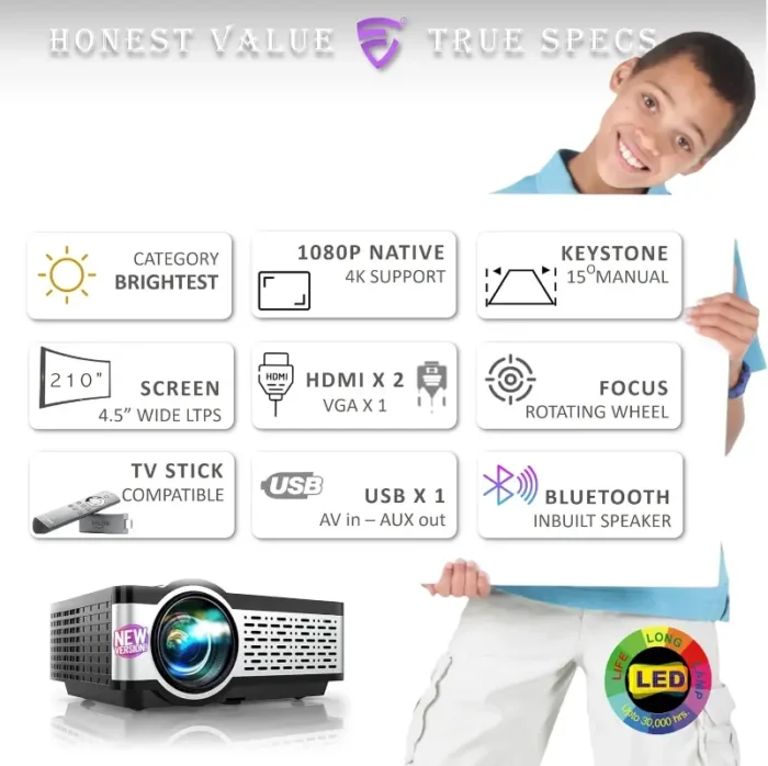 E Gate i9 Pro-Max 4X Brighter, FHD 1080p, Bluetooth inbuilt Speaker Projector