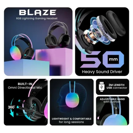 HAMMER Blaze Wired Over Ear Gaming Headphones with Mic