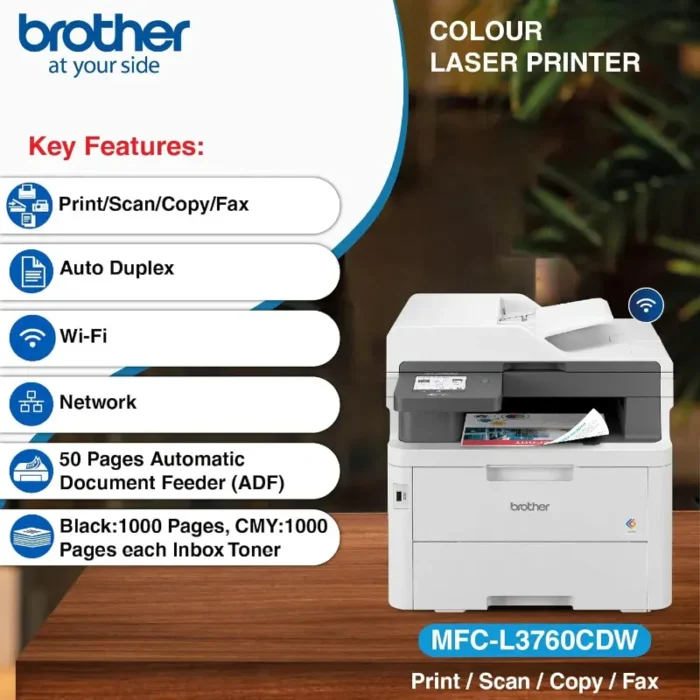 Brother MFC-L3760CDW Multi-function WiFi Color Laser Printer