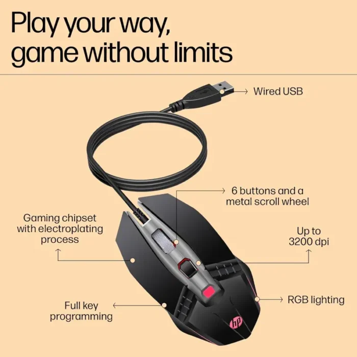 HP M270 Backlit USB Wired Gaming Mouse with 6 Buttons