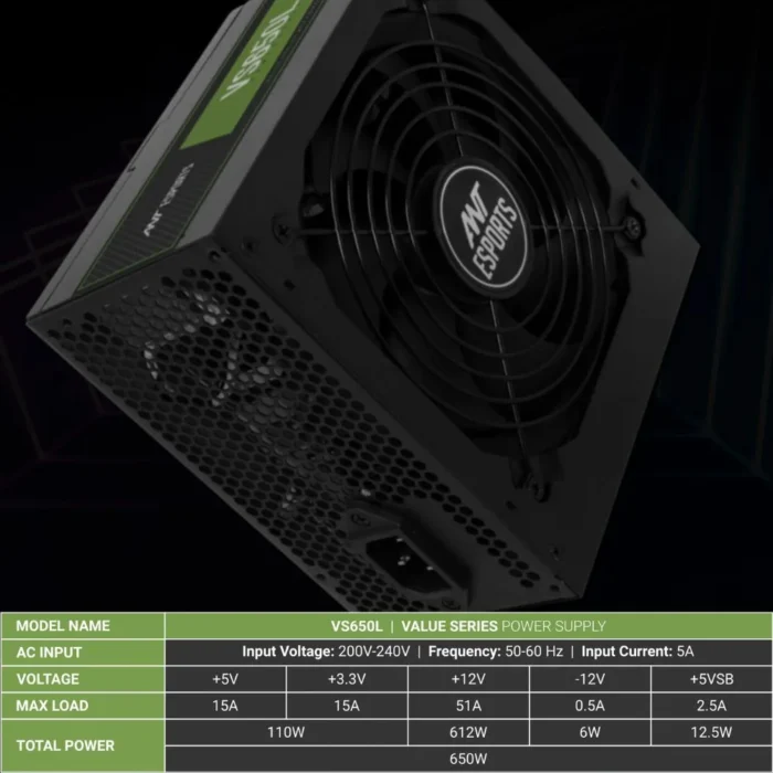 Ant Esports VS650L 650 Watts Gaming SMPS with 5 SATA Cables
