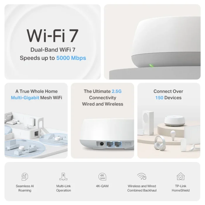 TP-Link Deco BE25 (1-Pack) Dual Band BE5000 Whole Home Mesh WiFi 7 System