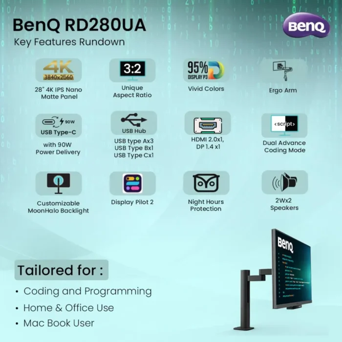 BenQ RD280UA 28.2 Inch 4K+ 3840x2560 3:2 Special Ratio 90W USB Type-C Programming Monitor BenQ RD280UA 28.2 Inch 4K+ 3840x2560 3:2 Special Ratio 90W USB Type-C Programming Monitor