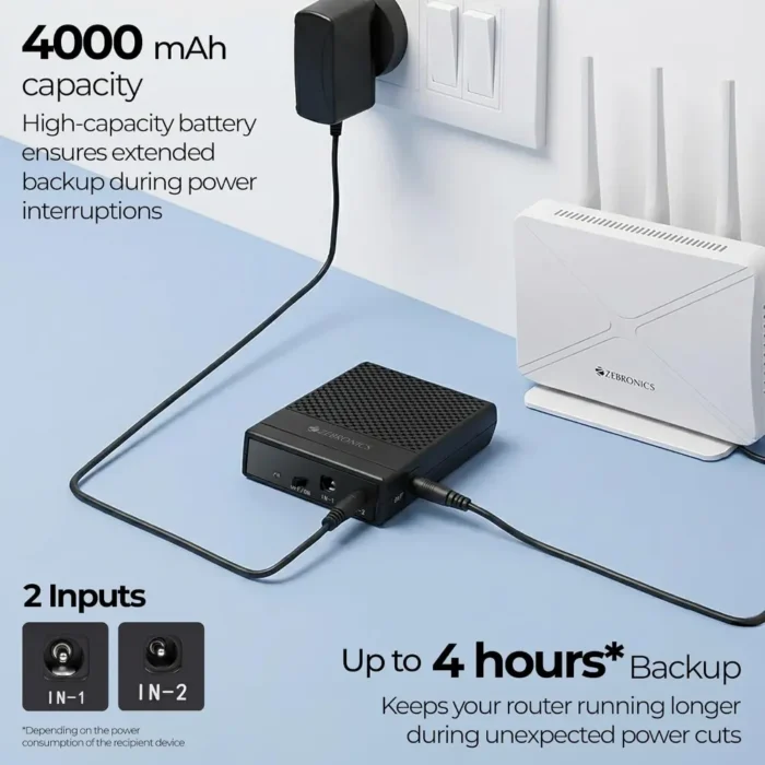 Zebronics 4000mAh Battery, Upto 4 Hours Backup, 3A Output, Dual Input Ports, Fast Charging Router UPS