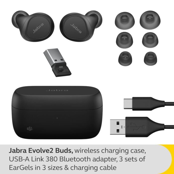 Jabra Evolve2 Buds ANC, 6 MIC, 33 Hrs Battery, MultiSensor Voice with Link 390 USB-A Adapter Jabra Evolve2 Buds ANC, 6 MIC, 33 Hrs Battery, MultiSensor Voice with Link 390 USB-A Adapter